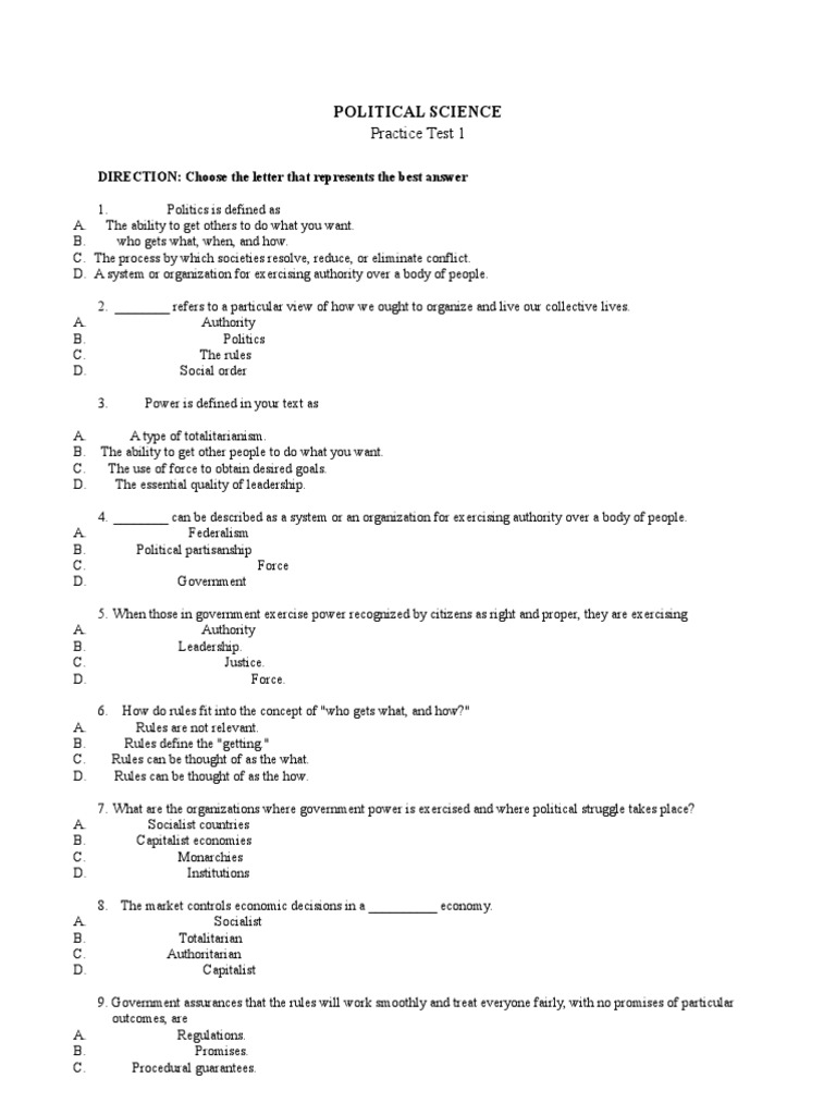 Political Science Practice Test 1 | PDF | Authoritarianism | Democracy