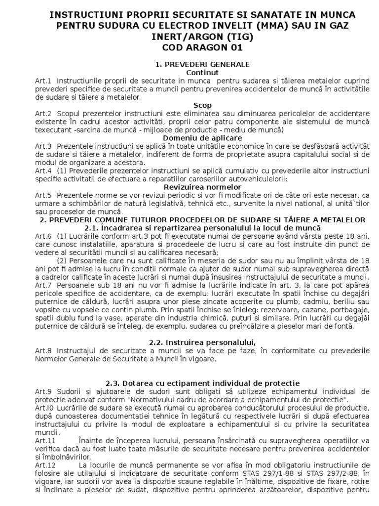 Instructiuni Proprii Securitate Si Sanatate in Munca Pentru Sudura Cu ...
