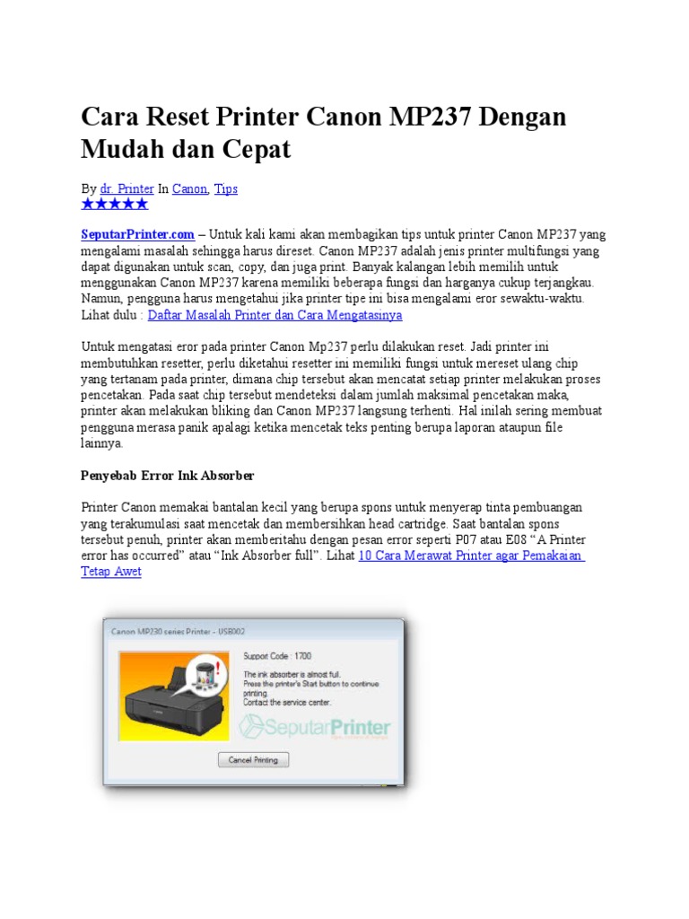 Cara Reset Printer Canon MP237 dengan Mudah | PDF | Komputer ...