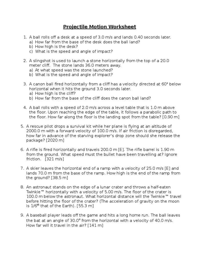 Projectile Motion Worksheet Rifle Speed