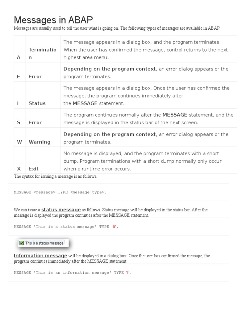 ABAP Message Types Explained | PDF