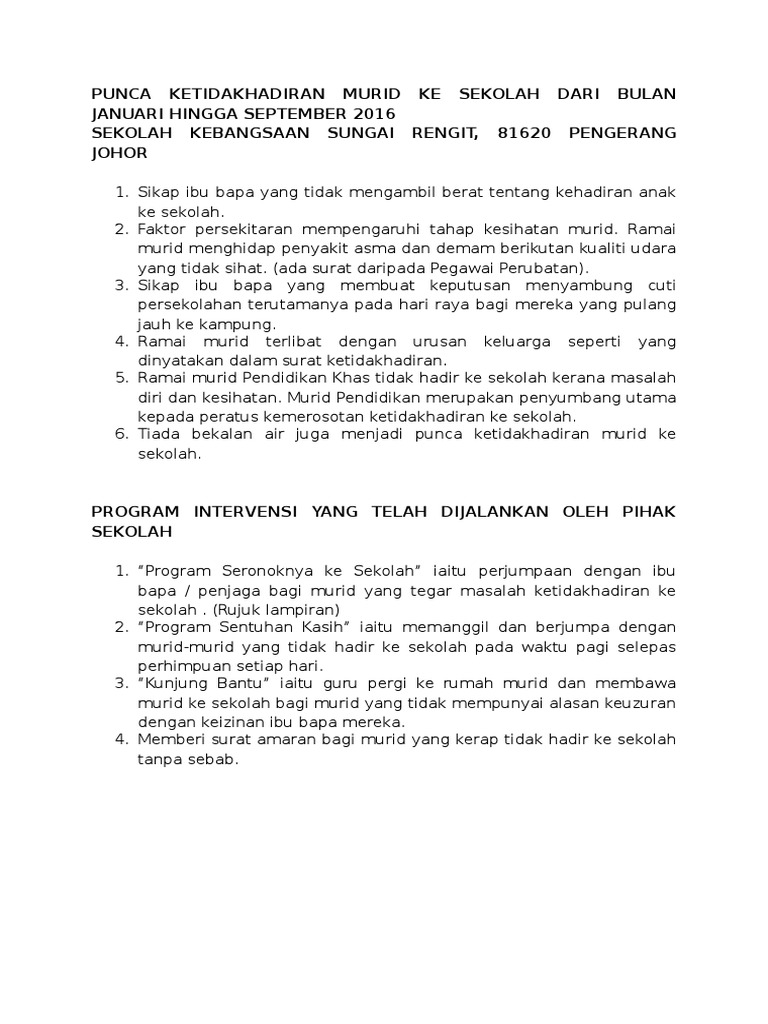 Punca Ketidakhadiran Murid Ke Sekolah Dari Bulan Januari Hingga September 2016 Pdf