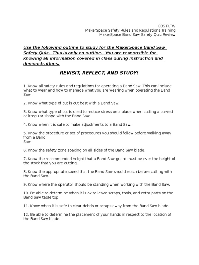 Band Saw Safety Quiz Review PDF