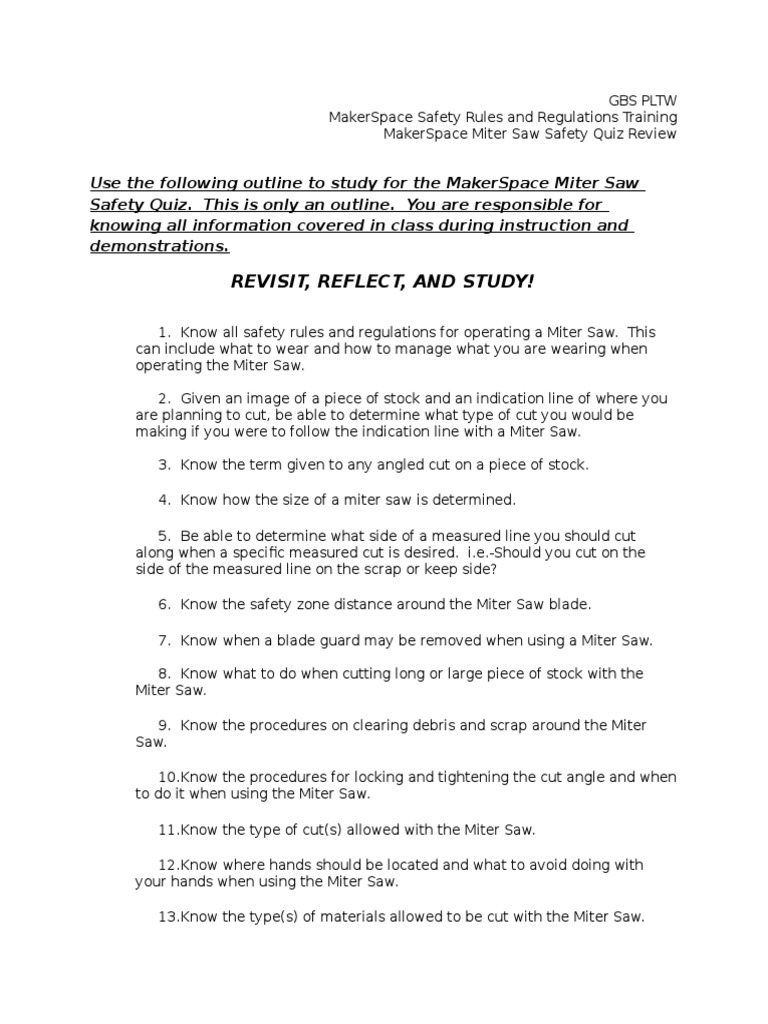 Miter Saw Safety Quiz Review PDF