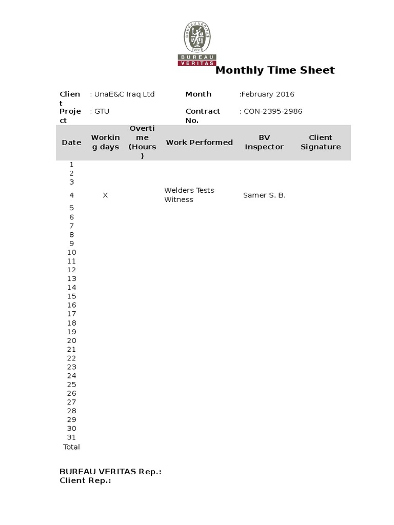 February 2016 Timesheet for BV Inspector | PDF | Business | Finance ...