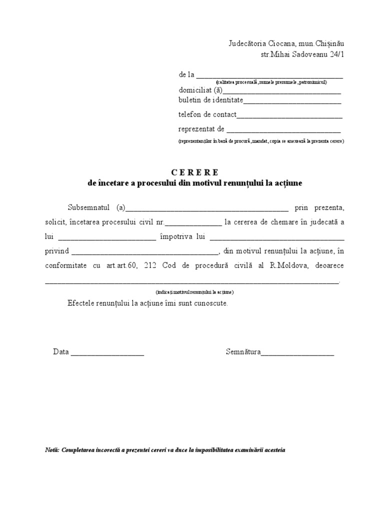 Model de Cerere de Încetare A Procesului Civil Din Motivul Renunțării ...