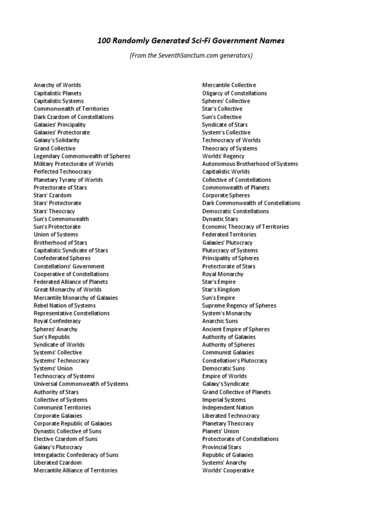 100 Randomly Generated Sci-Fi Government Names | PDF | Republic | Anarchy, image size:768x1024