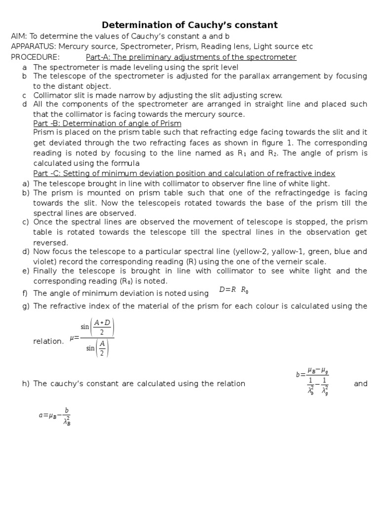 Cauchy,s Constant Prism Refractive Index
