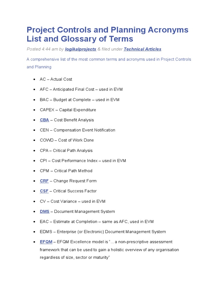 Project Controls and Planning Acronyms List and Glossary of Terms | PDF ...