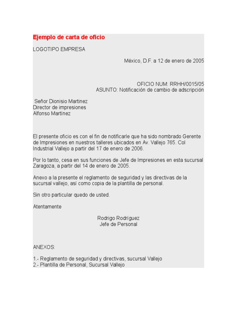 Ejemplo de Carta de Oficio