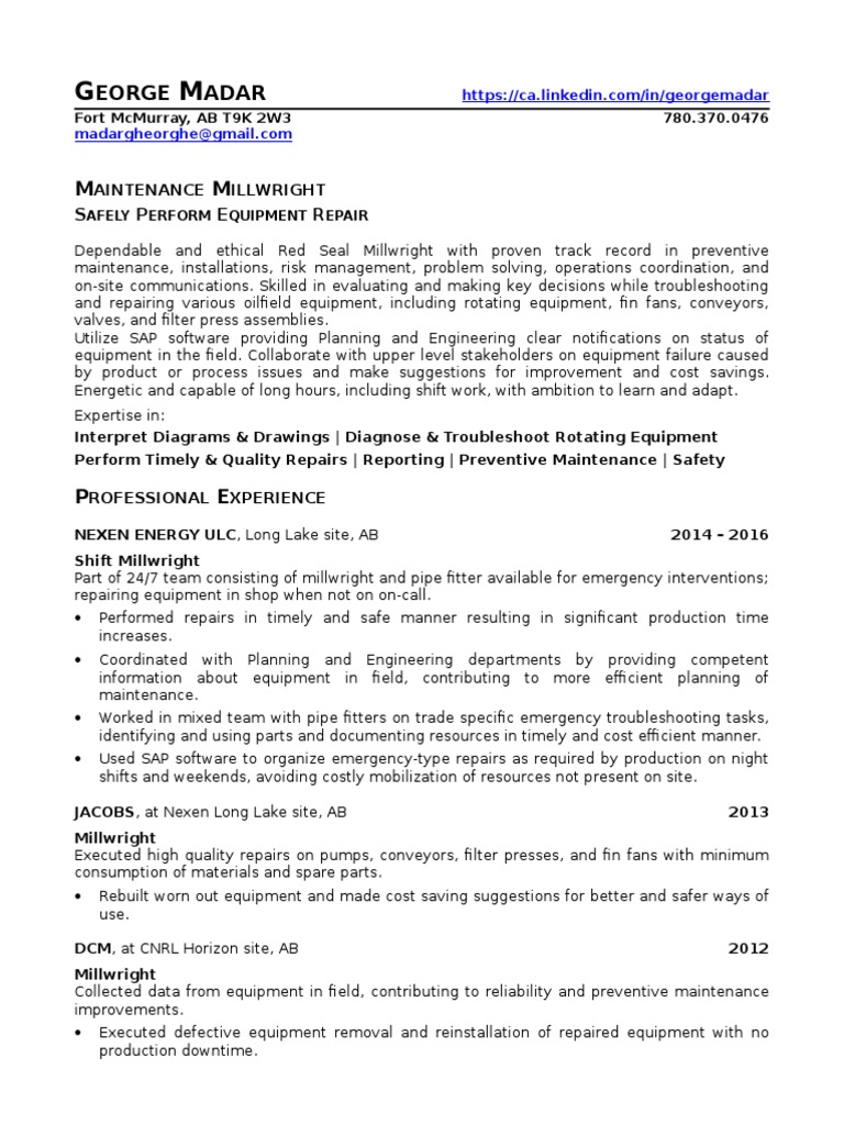 Millwright Industrial Mechanic in Alberta Canada Resume