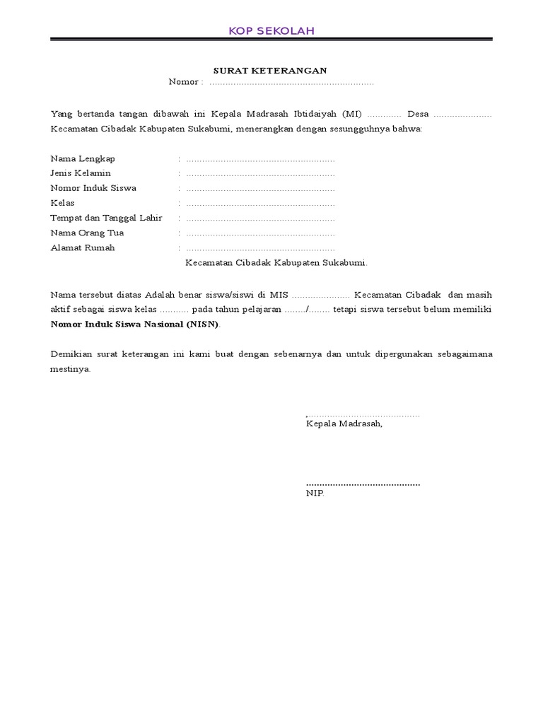 Surat Keterangan Belum Memiliki Nisn