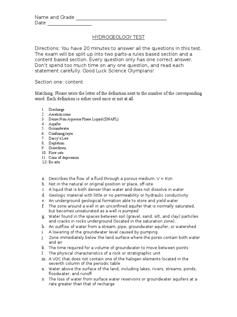 Hydrogeology Test | PDF | Aquifer | Hydrogeology