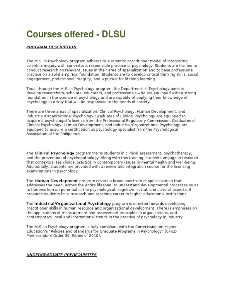 DLSU M.S. in Psychology Overview | PDF | Clinical Psychology ...