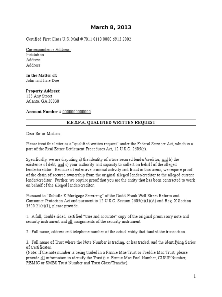R.E.S.P.A. Qualified Written Request | PDF | Fannie Mae | Freddie Mac