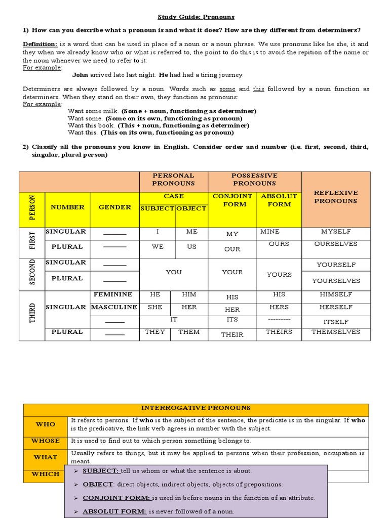 Pronouns Study Guide | PDF | Pronoun | Grammatical Number