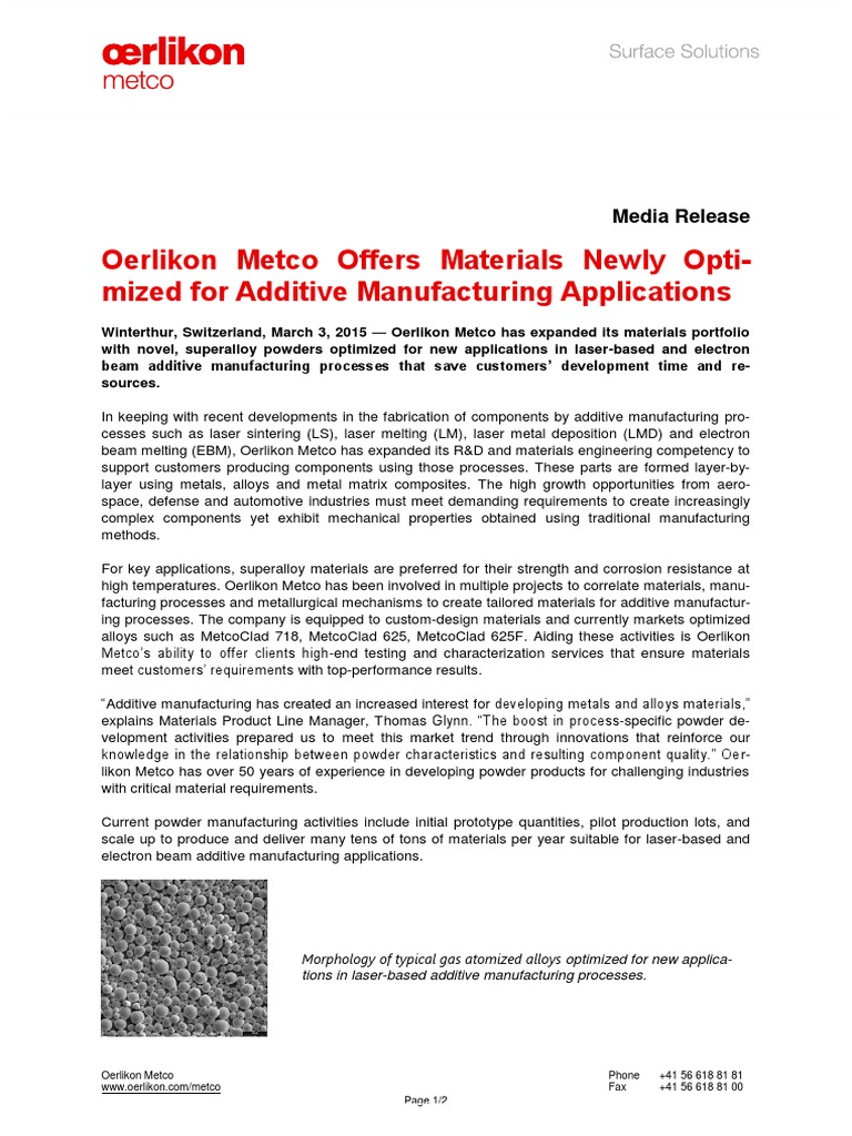 Oerlikon Metco's New Additive Manufacturing Powders | PDF | 3 D ...