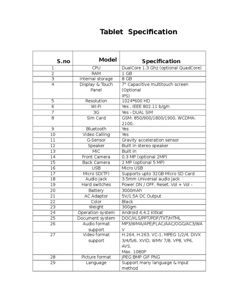 Tablet Specification: S.no Model Specification | PDF