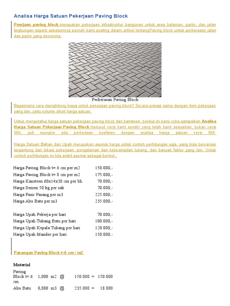 Analisa Harga Satuan Pekerjaan Paving Block