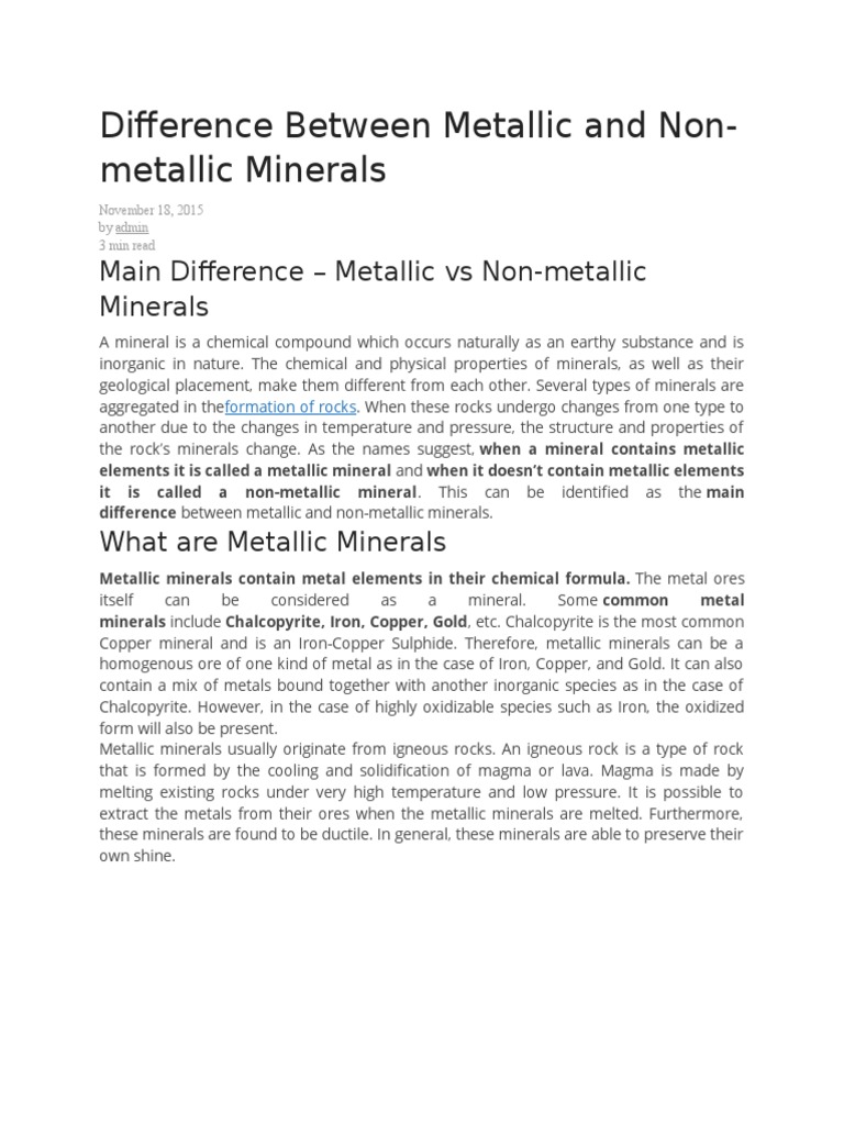 Metallic vs Non-Metallic Minerals Explained | PDF | Rock (Geology ...