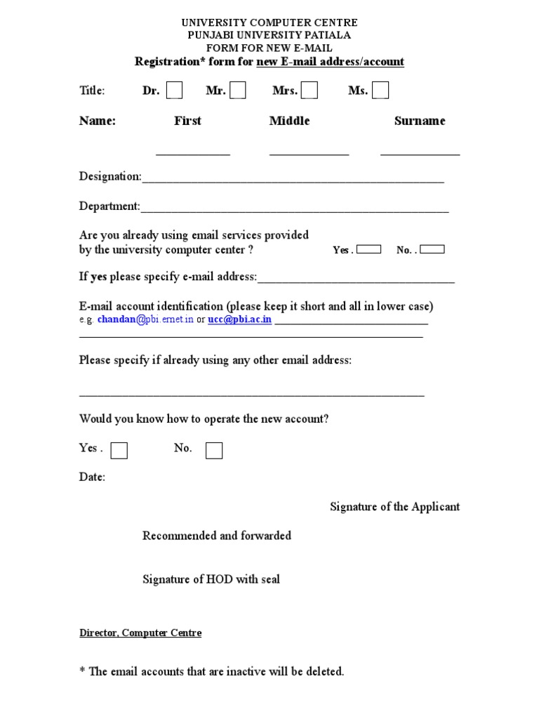 New Email Registration Form - Punjabi University | PDF