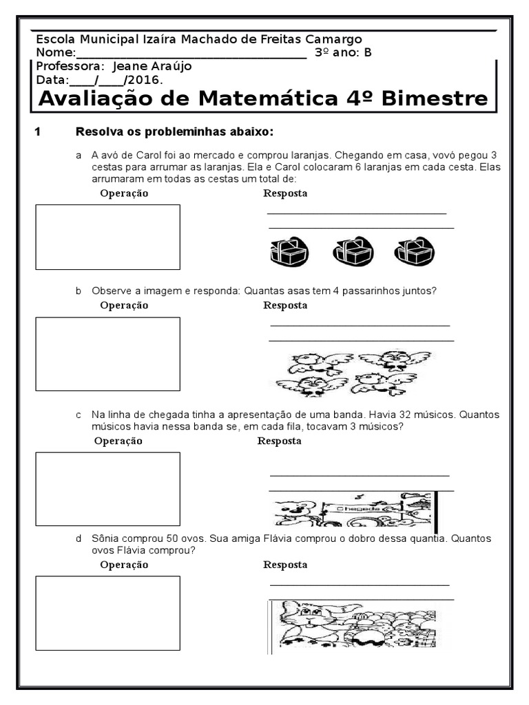 Avaliação de Matemática 3º Ano - 4º Bimestre | PDF | Carreira e Crescimento