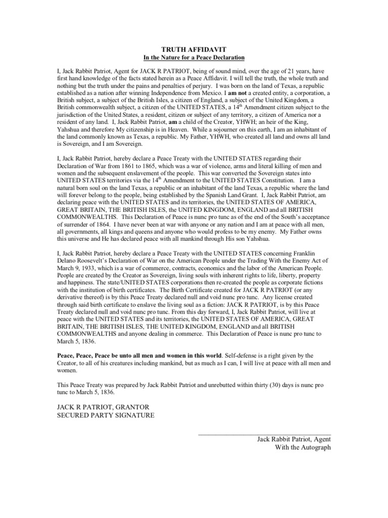 Truth Affidavit Declaration of Peace Citizenship Notary Public