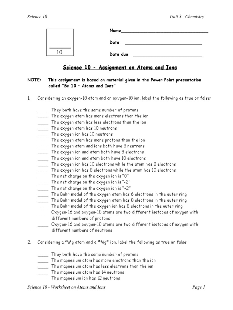 Atoms and Ions Worksheet | PDF | Isotope | Ion