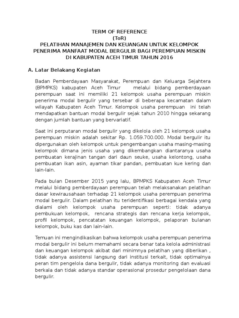 Tor Pelatihan Manajemen Dan Keuangan Kelompok Bpmpks Atim Pdf