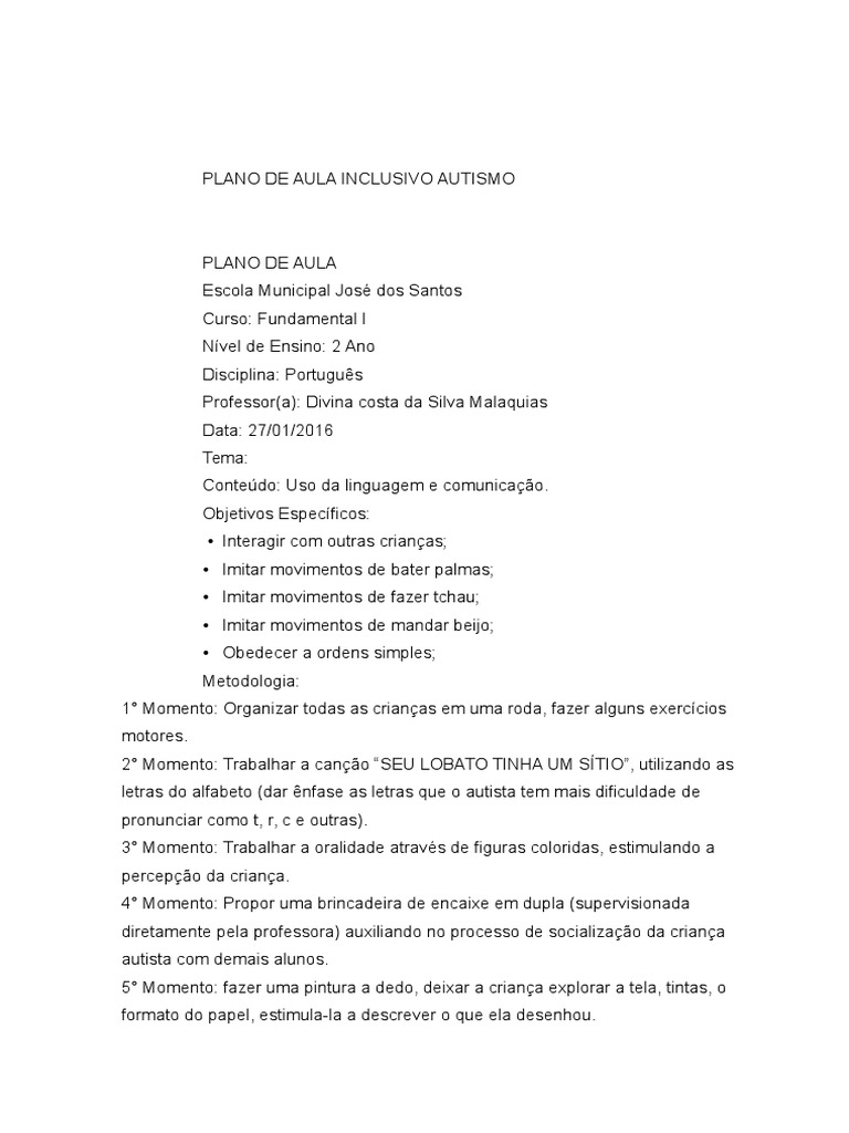 Plano de Aula Inclusivo Autismo | PDF
