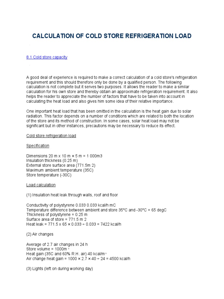 Calculation of Cold Store Refrigeration Load PDF Refrigeration