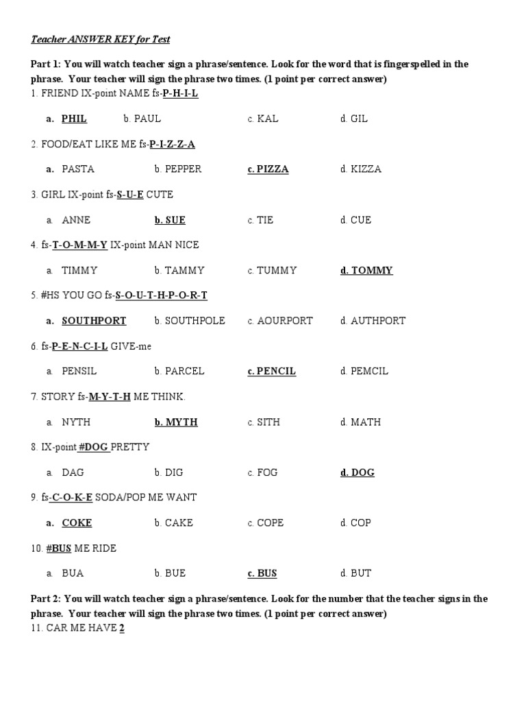 ASL Comprehension Test Answer Key | PDF | Multiple Choice | American ...