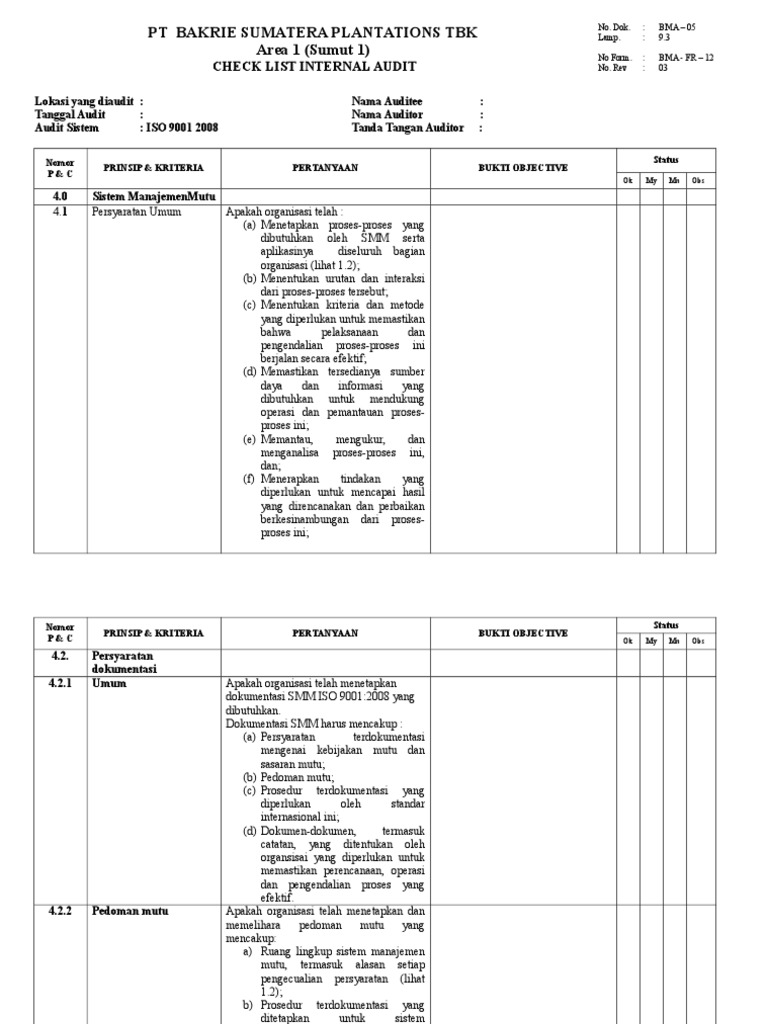 BMA-FR-12 Rev 02 - Checklist Internal Audit ISO 9001 | PDF