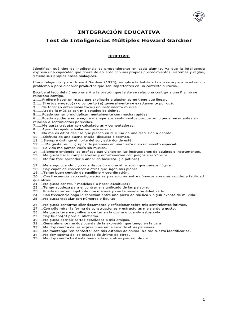 Test de Inteligencias Múltiples Howard Gardner PDF | PDF | Ciencia ...
