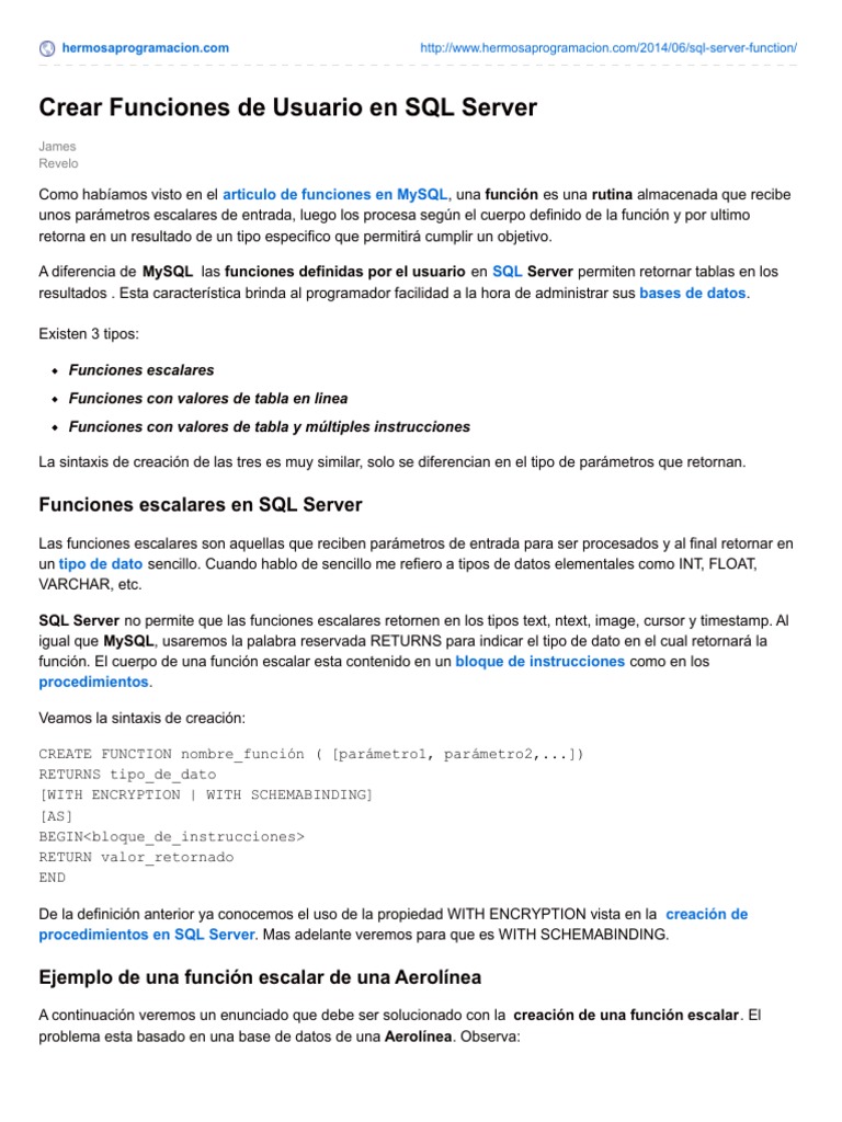 Crear Funciones de Usuario en SQL Server PDF | PDF