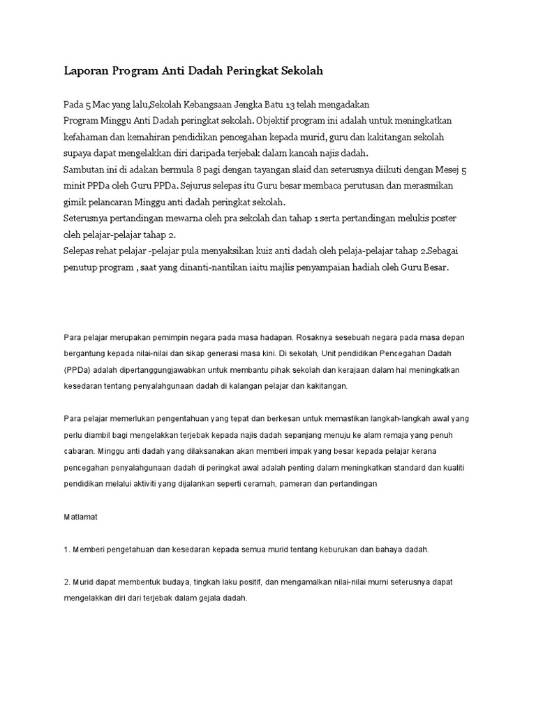 Laporan Program Anti Dadah Peringkat Sekolah Pdf