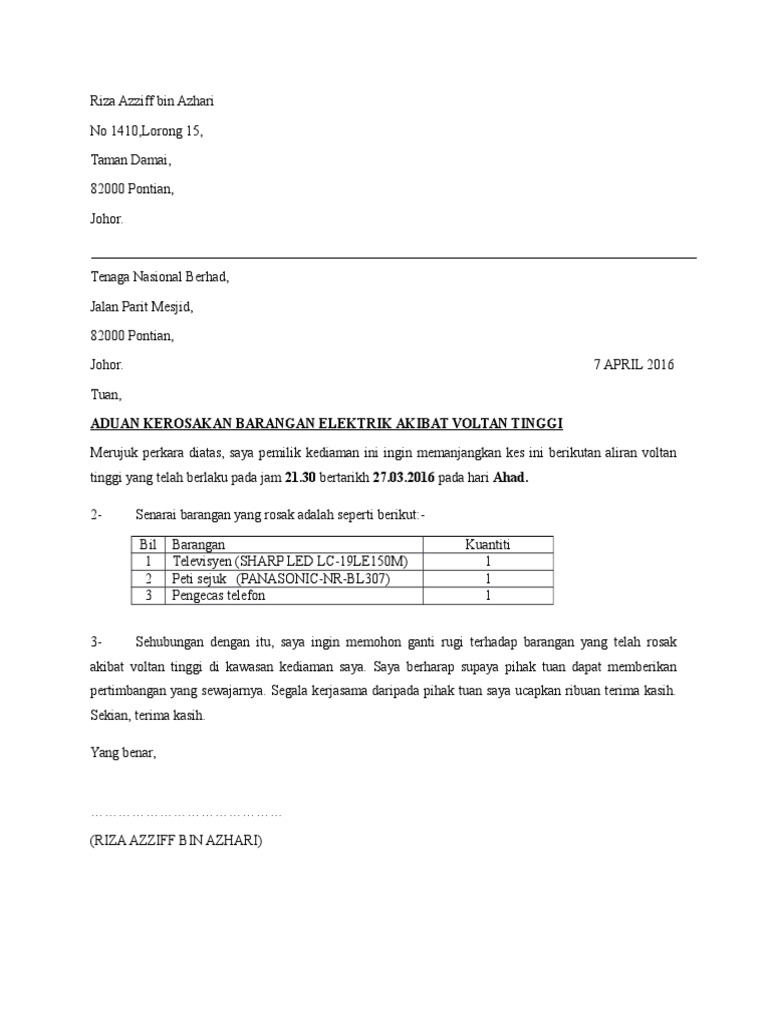 Surat Aduan Tnb Pdf