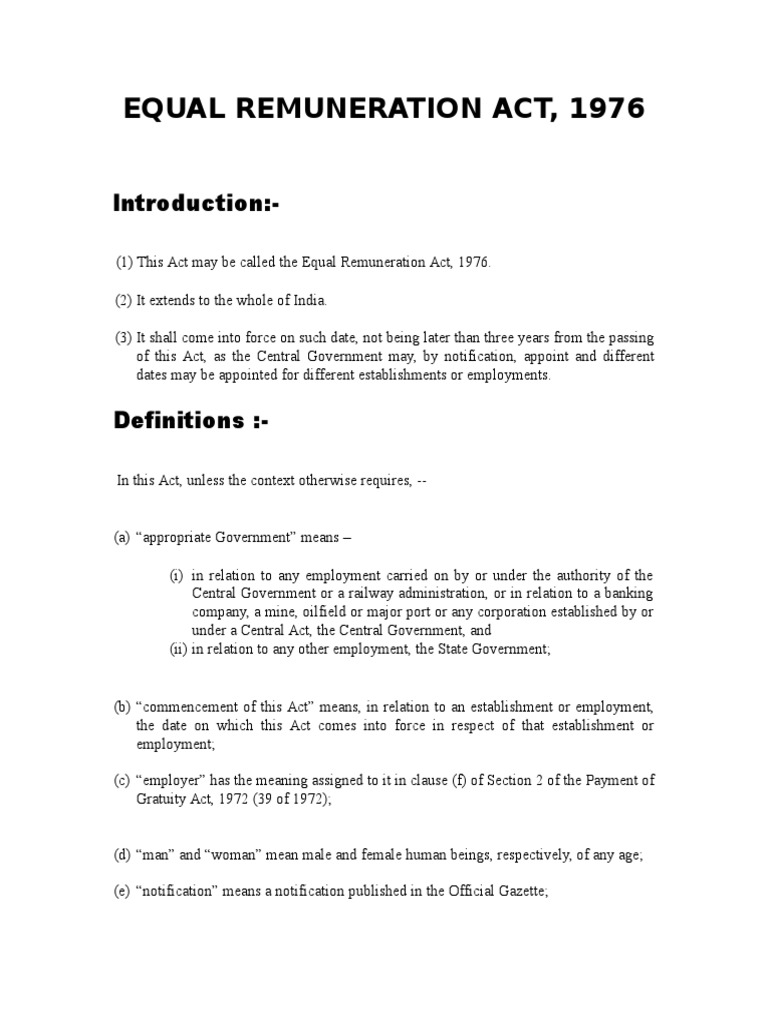 Equal Remuneration Act 1976 | PDF | Equal Pay For Equal Work | Employment