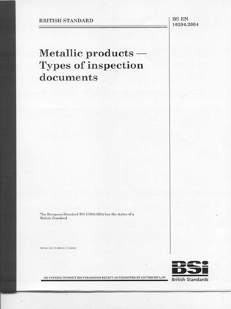Bs en 10204 2004 metallic products types of inspection documents pdf pdf