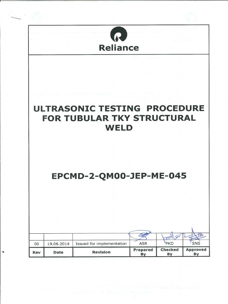 Ultrasonic Testing Procedure for Tubular Tky Structural Weld