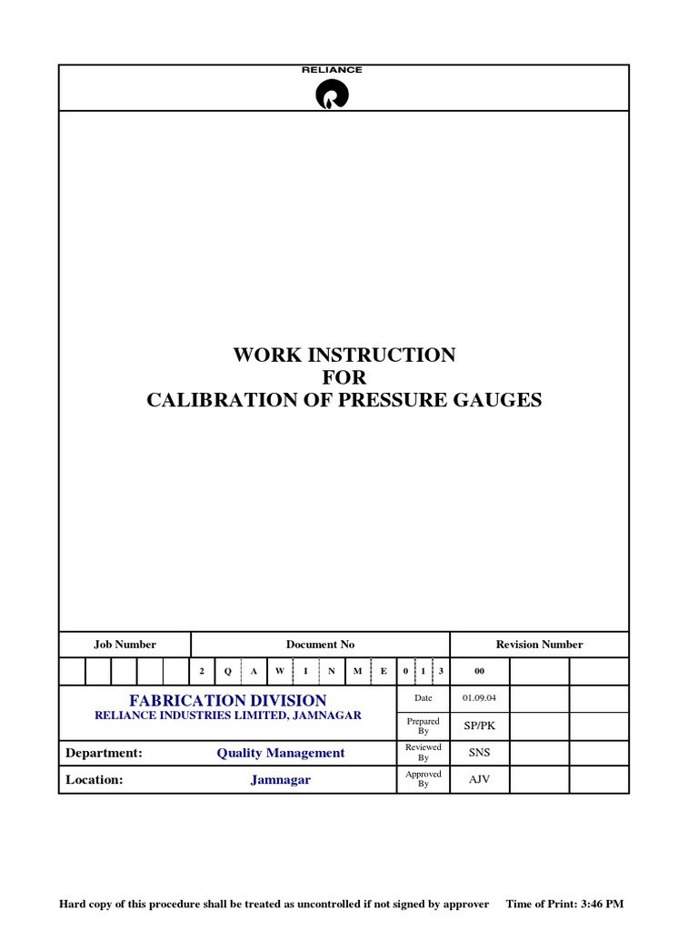 WORK INSTRUCTION For Calibration of Pressure Guages PDF Calibration