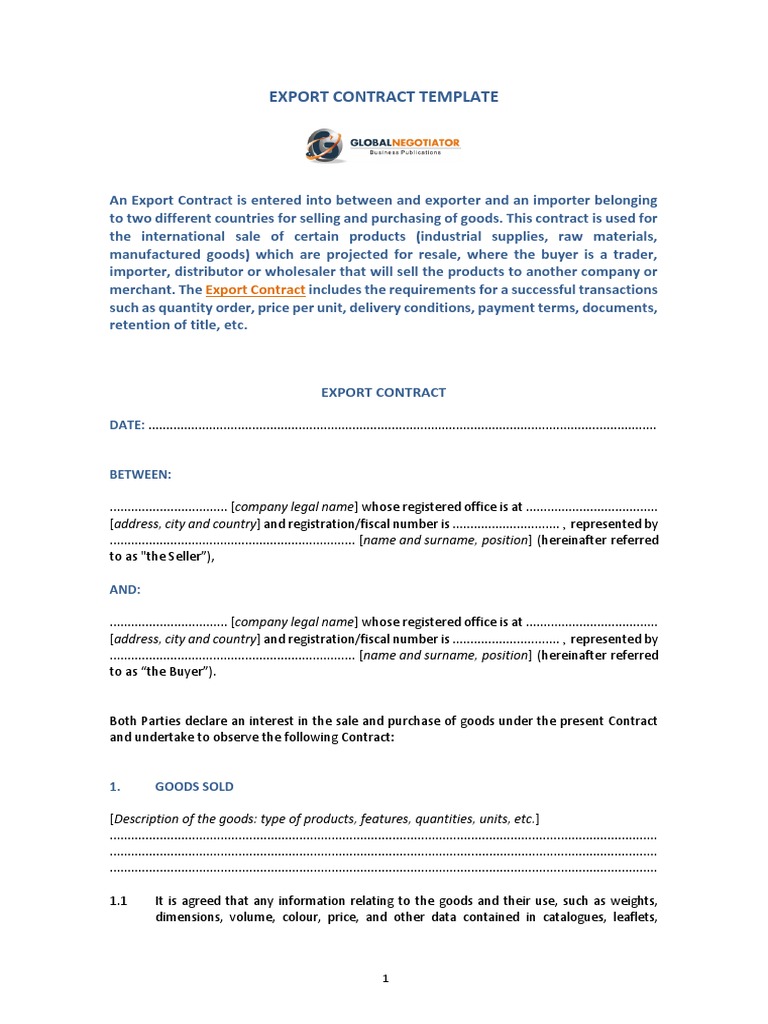 Export Contract Template Sample Private Law Government Information