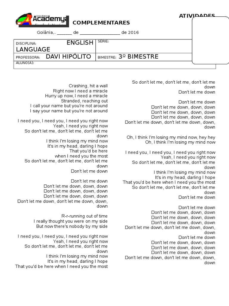 English Language Davi Hipolito 3º Bimestre Atividades Complementares