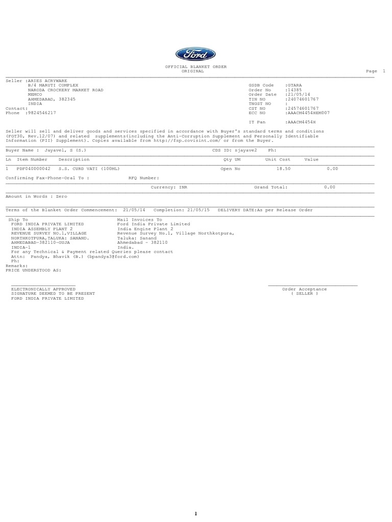 14385 ford Invoice Business