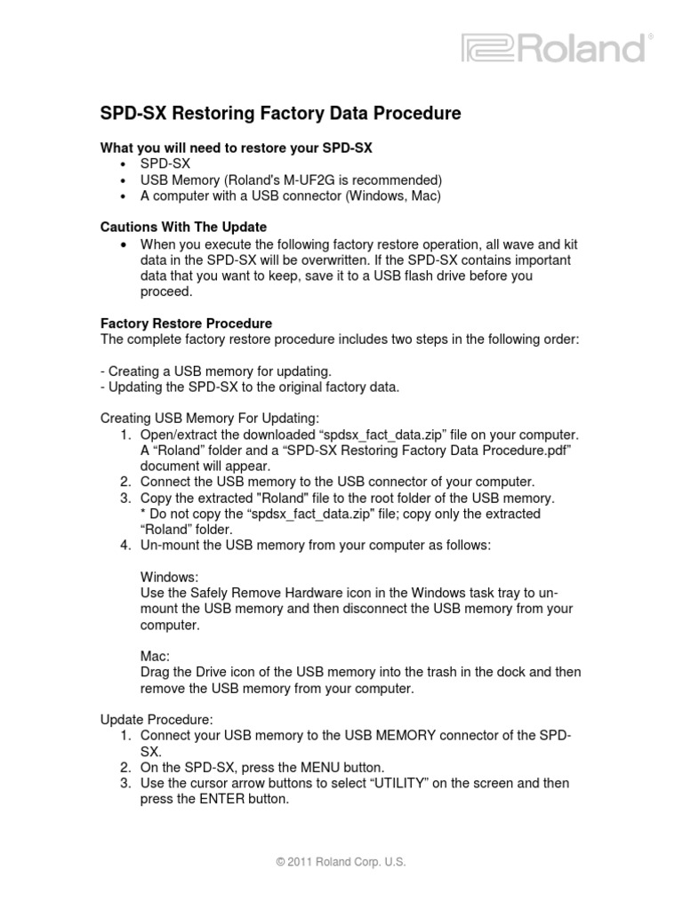 SPD-SX Restoring Factory Data Procedure PDF