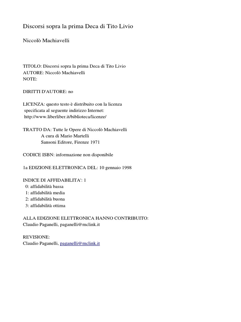 Discorsi sopra la prima Deca di Tito Livio Niccolò Machiavelli