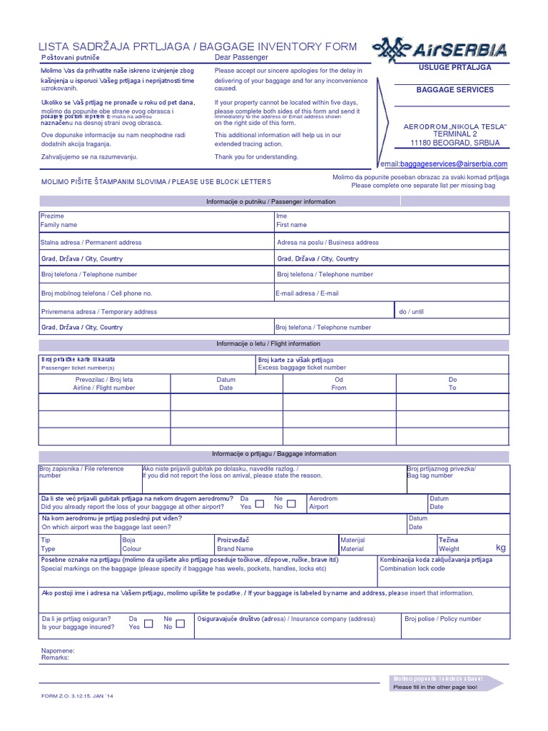 Baggage Inventory Form PDF Baggage Business