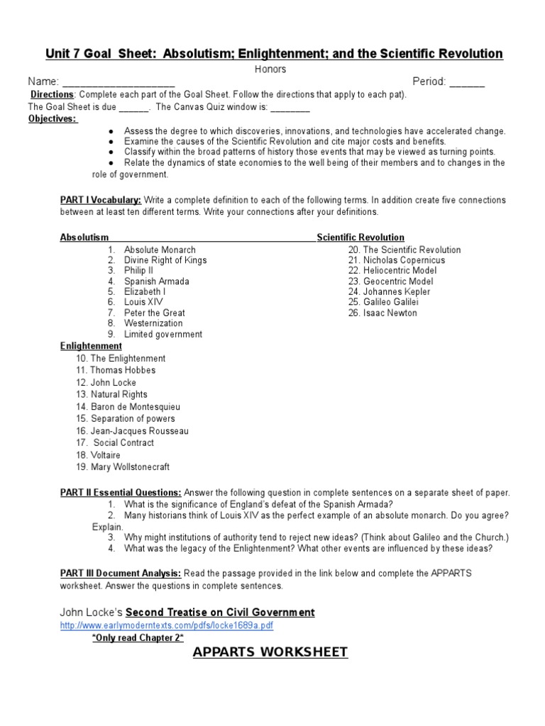worksheet Scientific Revolution Worksheet unit07goalsheetabsolutismenlightenmentscientificrev honors scientific revolution age of enlightenment