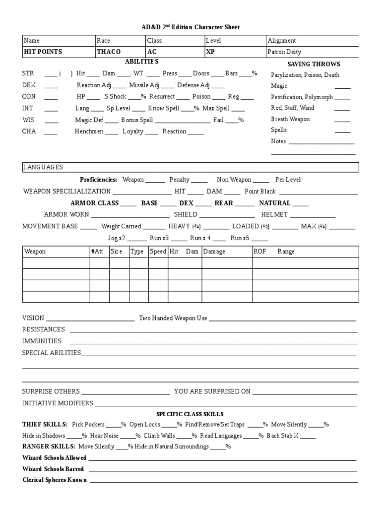 Ad&d 2nd Ed Character Sheet PDF