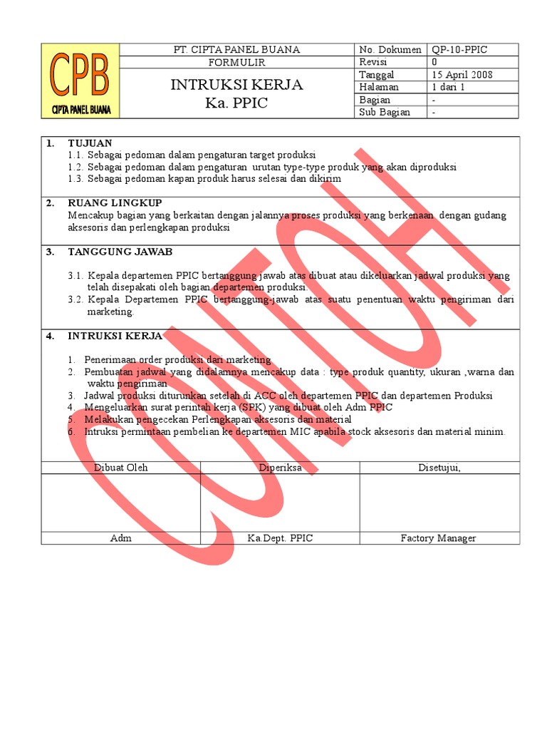 Instruksi Kerja Ppic Contoh
